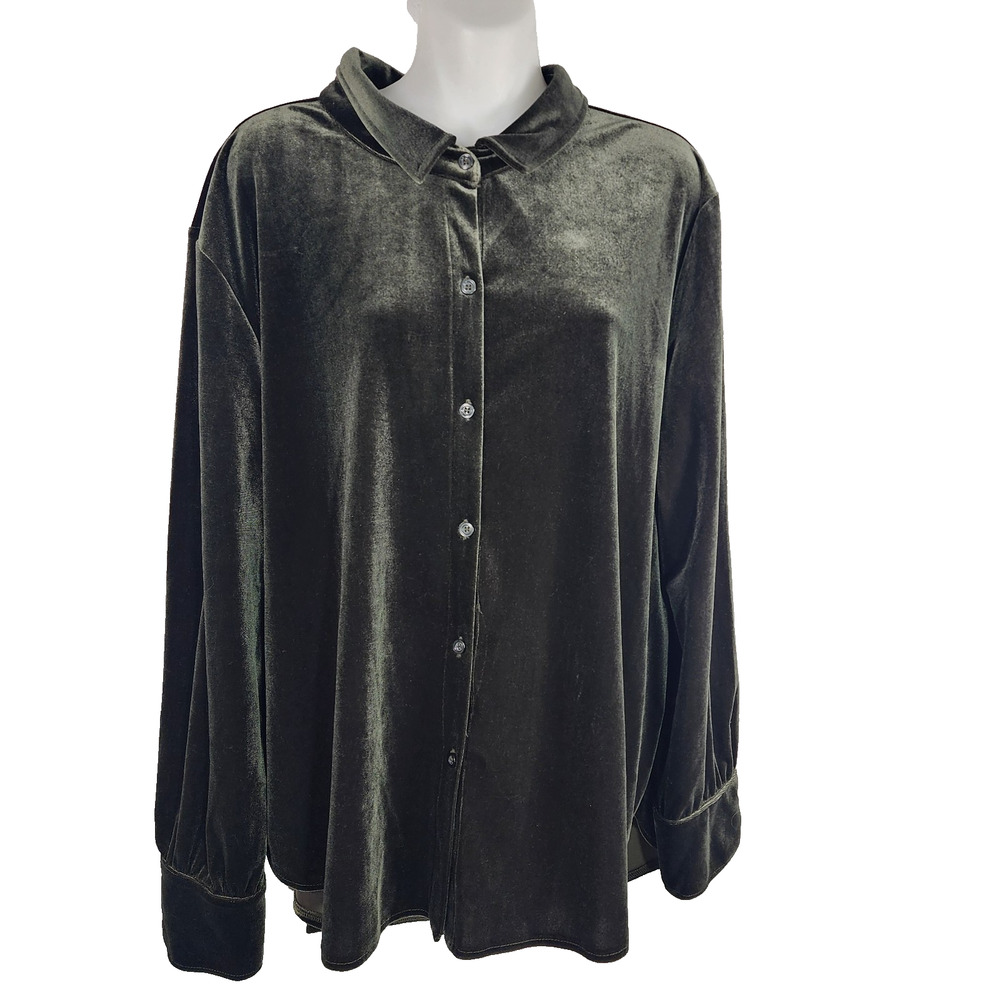Tribal Jeans Womens Velvet Button Front Shirt Green XL Long Sleeve Collar Grunge
